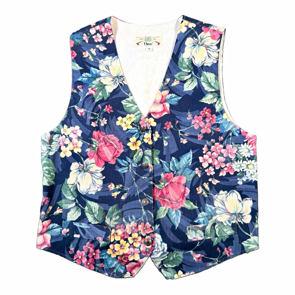 VTG Orvis Floral Vest S Women Cotton Tapestry Waistcoat Cottagecore Grandma Dark